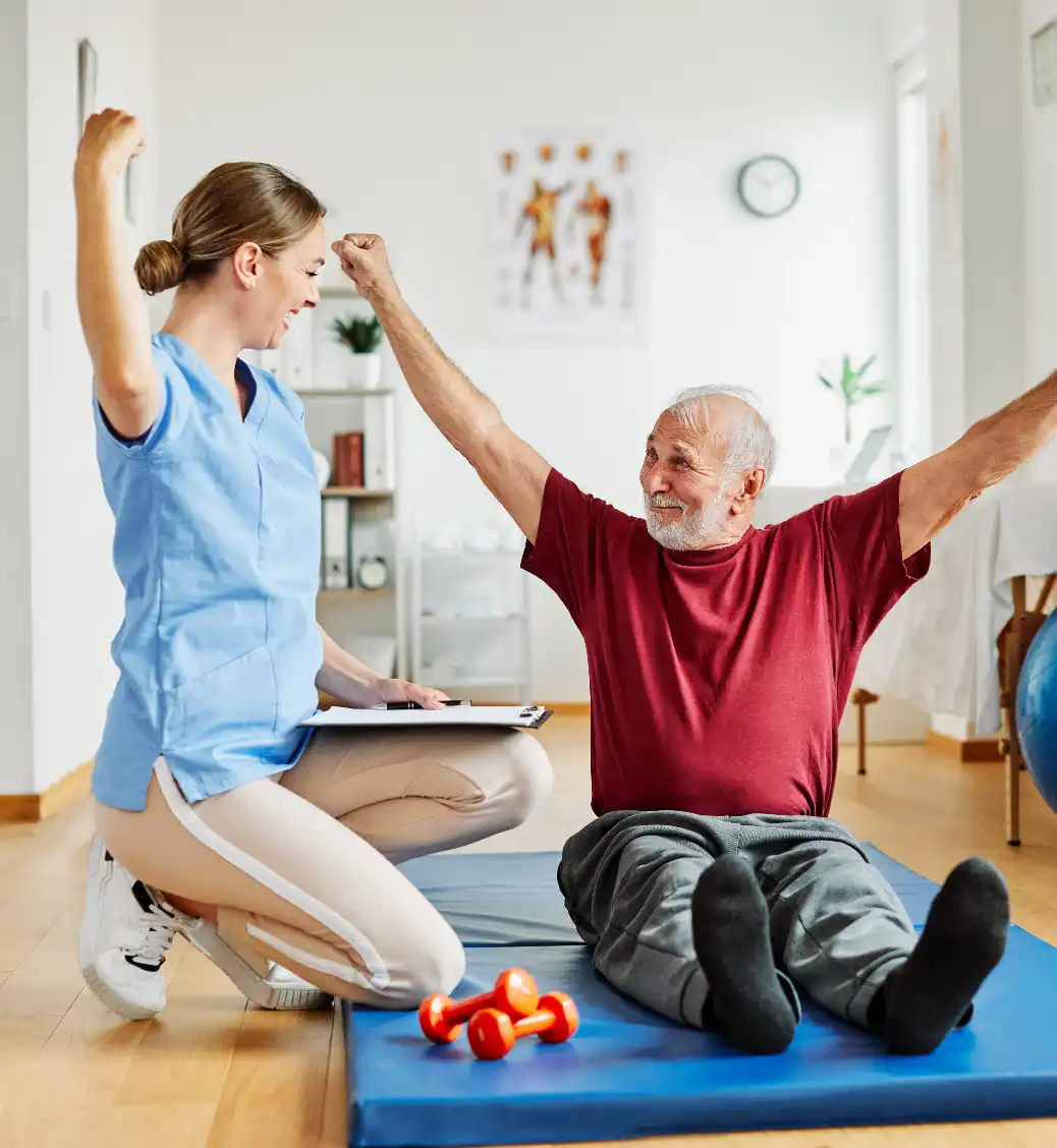 Work injury rehab: Patient raises arms during physical therapy. Start feeling stronger today with our personalized recovery plans