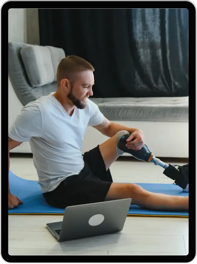 Tele-rehab: Prosthetic leg user receiving rehab treatment. Improves mobility, function. Benefits: Pain relief, faster recovery.