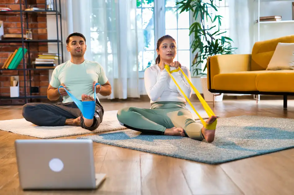 Tele-rehab: Work injury rehab with bands for pain relief and mobility recovery. Personalized physical therapy treatment.