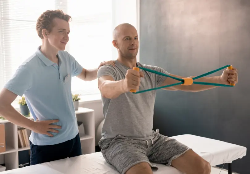 Work injury rehab: Patient using resistance band for mobility recovery. Physical therapy for pain relief and improved function.